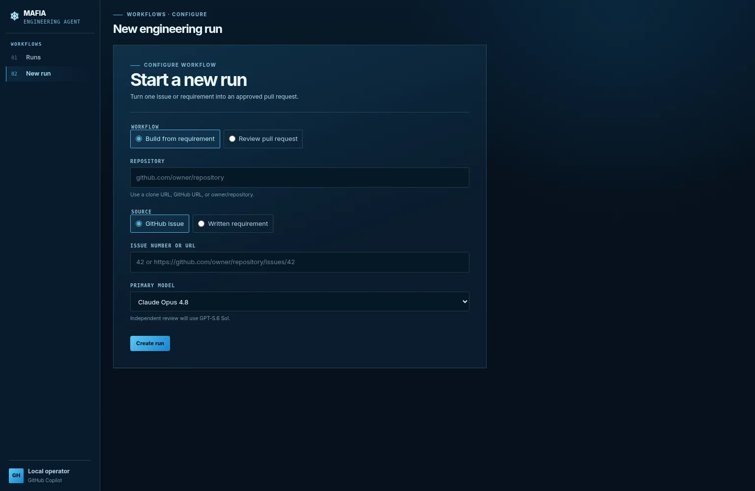 New mafia run form with workflow, repository, source, and primary model controls