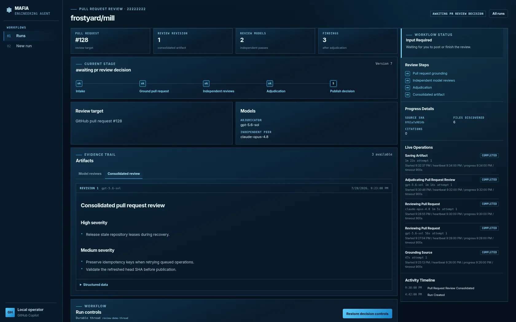 Pull request review run awaiting publication with independent review steps, source metrics, and consolidated findings